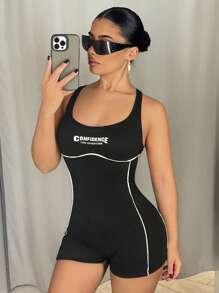 SHEIN ICON 性感露背字母印花连体衣