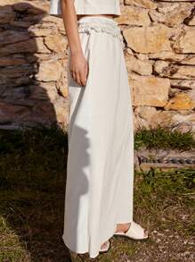 Maija Women's Long Skirt, Casual Beach Vacation Bohemian Style, Solid Color With Waist Knot And Tassel Trim Vacation Women - Apricot - View 4