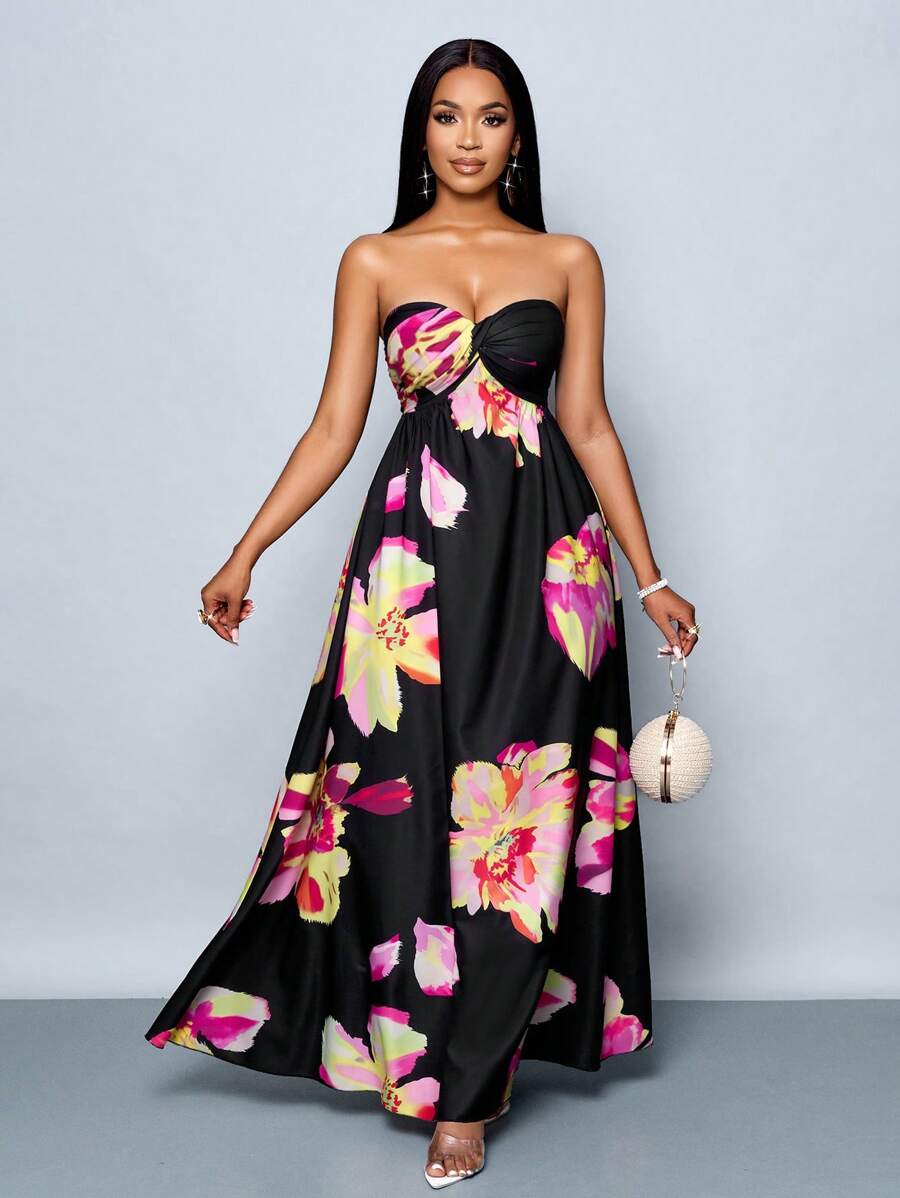 SOLERSUN 女士春夏花卉印花浪漫海滩度假褶皱荷叶边下摆抹胸长裙（随机花卉）