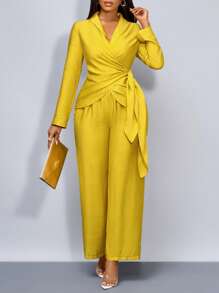 SOLERSUN Quần áo mùa đông cho nữ, trang phục công sở thanh lịch, tiệc năm mới, bộ đồ hai mảnh màu vàng chanh Giáng sinh cho nữ, áo sơ mi dài tay buộc eo - Màu Mù tạt vàng - Xem 3