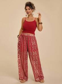 Travachic Set da spiaggia, composto da: top corto in stile vintage con stampa floreale geometrica e pantaloni larghi con tasche, per donne taglie forti, adatto per vacanza e uso casual