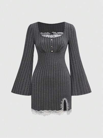 Kawaii Vestido mini de mujer entallado de 2 en 1 con volantes en los puños y escote de corazón