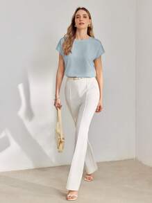 MOTF PREMIUM 对比色蕾丝短袖衬衫 - 淺藍色 - 查看 3