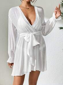 SHEIN Swim 女士休闲纯色 V 领交叉罩衫连衣裙 - 白色 - 查看 3