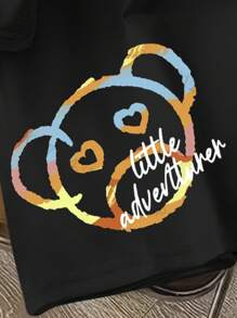 SHEIN PETITE Women's Colorful Ombre Bear Print Comfortable Short Sleeve Oversized T-Shirt, Stylish Black Top For Home