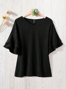 Rusticease Women's Daily Casual V-Neck Double Ruffle Cuff Black Ripple Pattern T-Shirt, Spring/Summer - Black - View 5