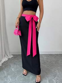 Elenzga Falda midi recta de cintura alta elegante con acento de lazo y contraste de color, versátil para el trabajo y el día a día