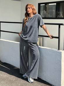 SHEIN EZwear Plus Size 2pcs Set: Distressed Acetate Gray Melange Loose T-Shirt + Wide Leg Pants, Cotton Suit, Comfortable Spring/Summer Outfit Casual Sets For Women