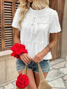 Chiquease Women's Bowknot Puff Sleeve Ruffled Hem Embroidered Blouse - White - View 4