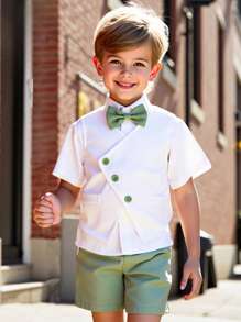 2pcs Toddler Boys Casual Set - Front Button Short Sleeve Top And Shorts - White - View 4
