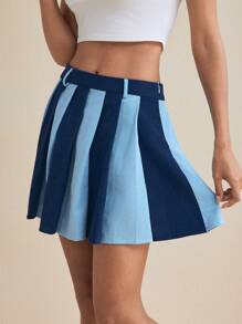 Qu Anne Designer Contrast Blue Corduroy Pleated Mini Skirt - Blue - View 5