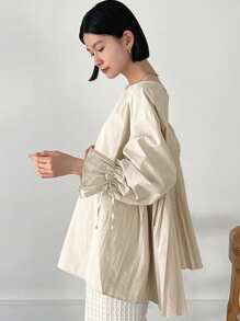 FRIFUL Áo cánh trễ vai thanh lịch, dáng rộng thoải mái cho nữ, mùa thu, áo dài tay nhún bèo - Màu be - Xem 3