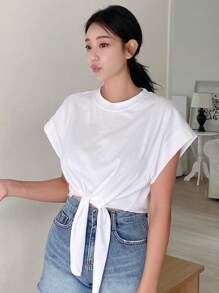 DAZY Camiseta Sólida Con Nudo En Dobladillo