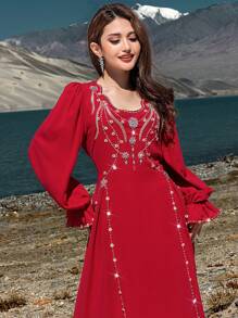 Layrah Hand-Sewn Crystal & Pearl Embellished Red Long Sleeve Full Length Dress, Kaftan & Jalabiya, Luxury Evening Dresses For Women,Modest - Red - View 5