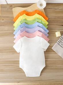 SHEIN 7pcs/Set Newborn Baby Girls' Cute Solid Color Knit Short Sleeve Bodysuit, Summer - Orange - View 2