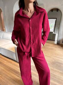 Cloudara Naturally Crinkle Fabric Long Sleeve Shirt & High Elastic Waist Straight Fit Pant Casual Outfit