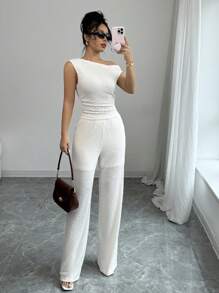 Elenzga Set de 2 piezas de top y pantalones casuales de mujer de unicolor y cuello asimétrico