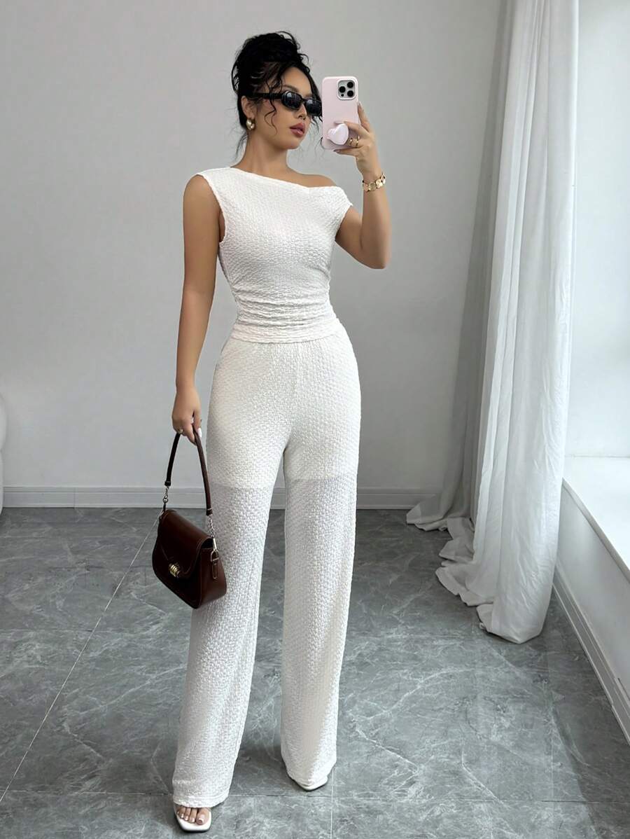 Elenzga 2pcs Women Casual Solid Color Asymmetrical Neck Top & Pants Set - Apricot - View 1