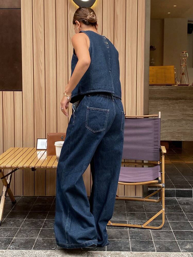 Livesso Conjunto de chaleco holgado de unicolor con cuello redondo y pantalones vaqueros holgados con bolsillo, estilo casual, para mujer - Azul lavado oscuro - Añade 8