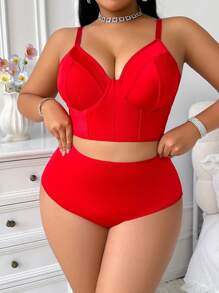 SHEIN 大码女士内衣套装、纯色吊带背心和高腰内裤 - 紅色 - 查看 3