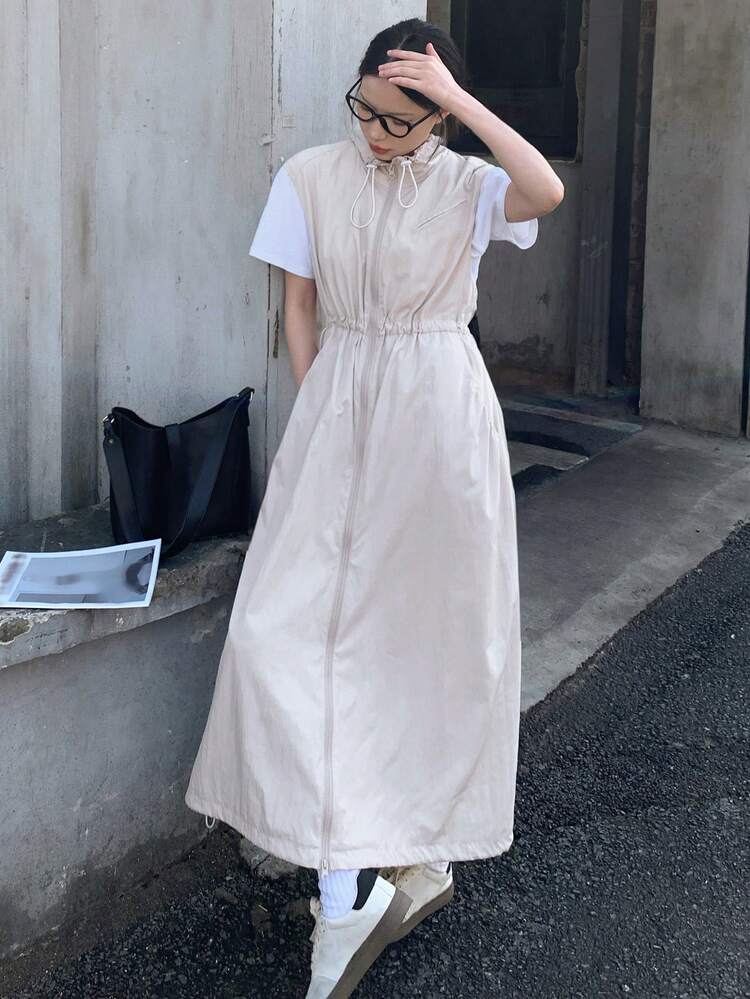 Women's Solid Color Cinched Waist Hooded Dress, Outdoor Sundress Maxi Dress
