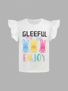 Tween Girl Cartoon Rabbit Letter Print Cap Sleeve Top And Flared Pants 2 Pieces Set