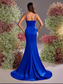 Glamrae 优雅蓝色亮面缎带华丽水钻链条装饰鱼尾款式高开叉浪漫立体花朵连衣裙，适合海边度假、婚礼活动、约会、生日、单身派对、婚礼活动、晚礼服、婚礼宾客礼服、正式礼服、晚礼服 - 寶藍色 - 查看 3