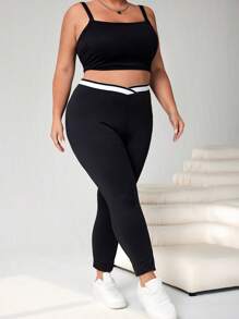 SHEIN CURVE+ 大码黑白撞色拼接休闲深 V 腰线女式紧身裤