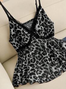 Elaquor 大码豹纹蕾丝拼接可调节肩带背心 - 黑色 - 查看 6