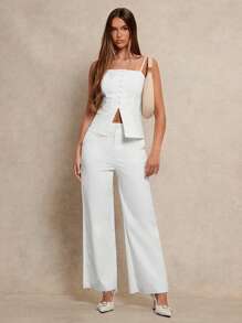 Glamine 女士优雅工作服吊带背心和开衩下摆纽扣西装裤办公室套装，纯白色，两件套 - 白色 - 查看 1