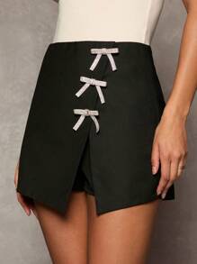 Glamine Women's Black Rhinestone Bow Skorts: Elegant Split Skirt Shorts For Stylish Look