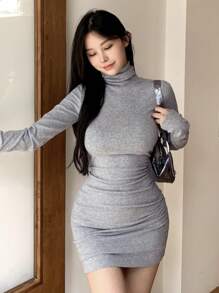 DAZY 纯色高领褶饰紧身连衣裙，秋装长袖连衣裙 - 灰色 - 查看 4