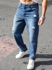 Manfinity Homme Men's Casual Relaxed Fit Straight Leg Ripped Jeans With Pockets - Blue - View 3