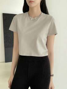 Dazy-Less Tee-shirt court col rond unicolore, tenue d'été décontractée chic pour femme au travail - Gris pâle - Voir 3