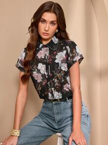 Chiquease 女士优雅花卉印花短袖上衣 - 黑色 - 查看 1