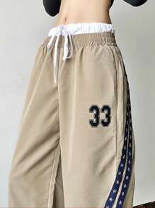 INAWLY Pantalones casuales con panel de rayas laterales de decoración digital para mujer