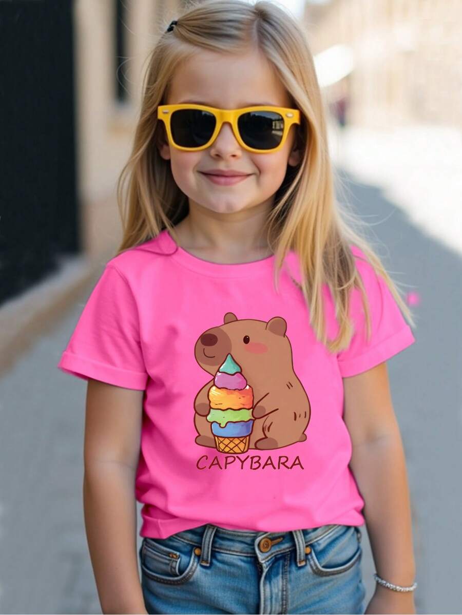 SHEIN 可爱熊印花百搭短袖圆领 T 恤，百搭舒适，适合年轻女孩 - 玫紅色 - 查看 1