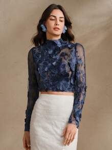 Anewsta 女士 3D 花卉短网眼长袖衬衫，白色 - 藏蓝色 - 查看 2