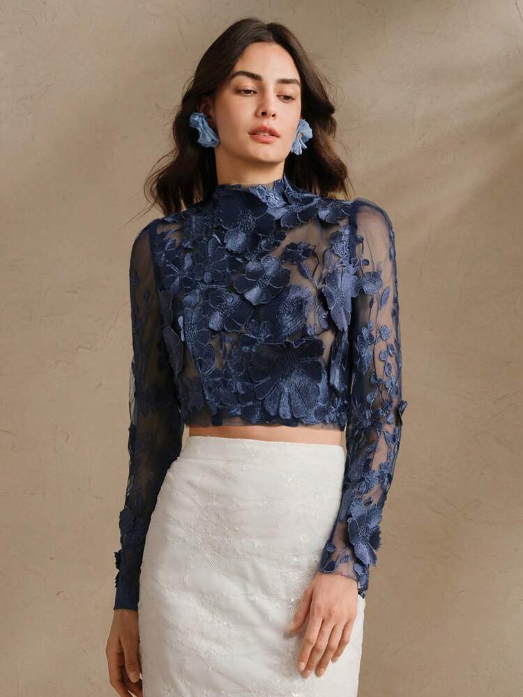 Women 3D Floral Short Mesh Long Sleeve Blouse, White