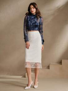 Anewsta 女士 3D 花卉短网眼长袖衬衫，白色 - 藏蓝色 - 查看 4