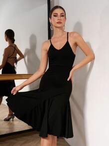 Dansine Women Solid Color Mermaid Hem Spaghetti Strap Dress, Dancewear Dresses For Women Party Women Dresses Formal Prom Dresses For Women Latin Dancewear  Ballet Tutus Ballroom Dance Dresses/Skirts Dancewear/Dance Costumes/Dance Dresses/Dance Skirts - Black - View 1