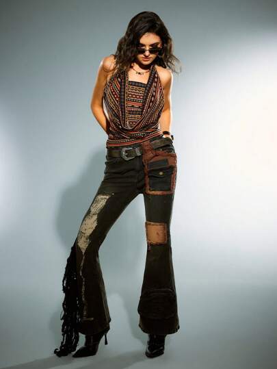 Hippie Top sin mangas 2 en 1 con cuello drapeado a rayas, estilo hippie bohemio, para mujer