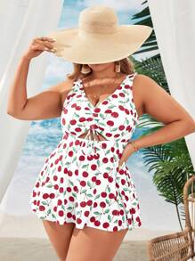 Swim Mod 大尺碼櫻桃印花束腰游泳衣，附游泳衣和短褲，完美適用於渡假度假 - 紅色 - 查看 3