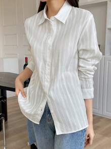 DAZY Camicia casual a maniche lunghe di colore uniforme da donna, adatta per l`autunno. Camicia casual da donna a maniche lunghe con bottoni, collo regolare, vestibilità regolare, colore bianco, maniche regolari. Bluse da donna, adatta per primavera/autunno, abbigliamento professionale/da lavoro, top a maniche lunghe - Bianco - Visualizzare 7