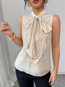 SHEIN Unity Luxury Sleeveless Sequin Sparkling Blouse With Tie Cravat Sexy Women Dress Shirt - Apricot - View 8