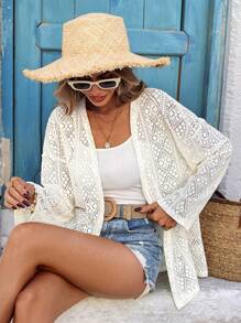 Breezaya Chaqueta con encaje calado, de manga larga, de corte holgado y ligera, para mujer, ideal para primavera/verano, uso casual o de vacaciones/viaje