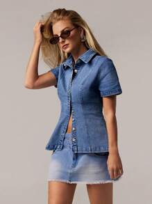 Forever 21 Áo sơ mi denim đơn hàng ngày tay ngắn cho nữ - Màu xanh lam - Xem 3