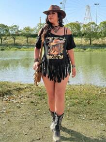 Flirla 大码女式节日、波西米亚风、嬉皮士、牛仔风露肩流苏印花宽松休闲音乐节度假 T 恤 - 黑色 - 查看 4