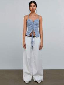 Athîral Women's Solid Color Eyelet Tie Up Corset Cami Top - Blue - View 1