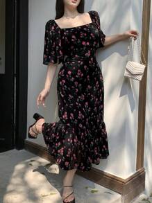 DAZY 优雅女士花卉雪纺荷叶边领鱼尾连衣裙，夏季，挤奶女工连衣裙，度假装，复活节女士 - 黑色 - 查看 5